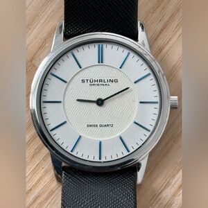 Stuhrling Newberry Classic Watch Black Leather Strap Silver Case Dial Blue Hands